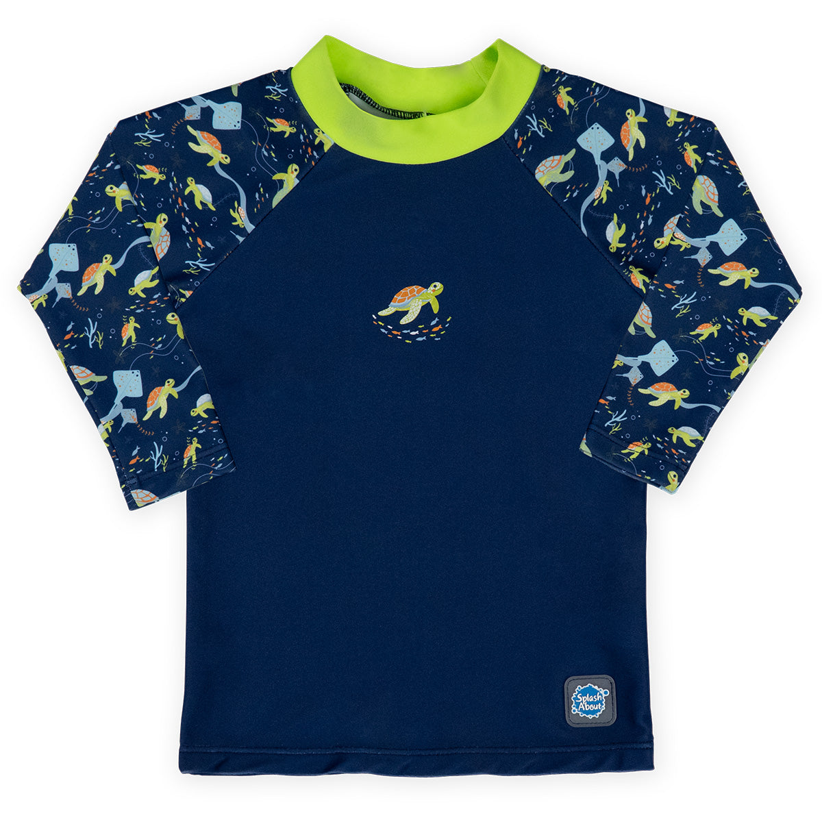 Boys long sleeve rash top turtle tide design in navy and lime